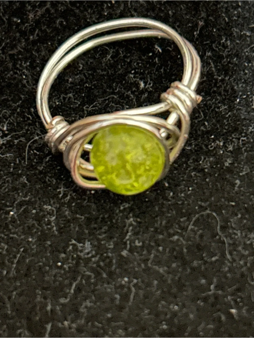 Silver Wire-Wrapped Ring with Lime Green Glass stone